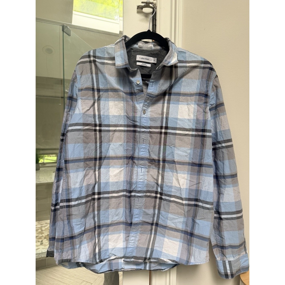 Calvin Klein Men's L Classic Fit Plaid Long Sleeve Button-Up Shirt Blue Gray